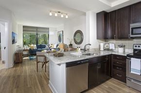 Hanover apartment for rent - A modern kitchen with dark wood cabinets and a white island.