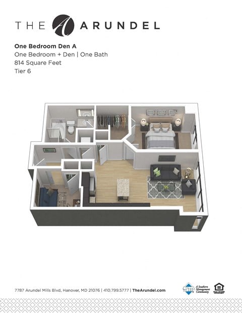 Floor plan for 1 bed, 1 bath, 814 sqft