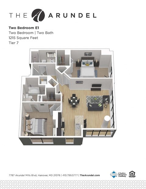 Floor plan for 2 beds, 2 baths, 1215 sqft