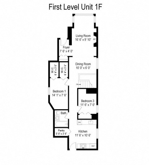 Floor plan for 4 beds, 3 baths, 1540 sqft