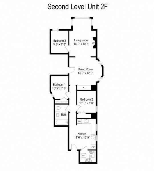 Floor plan for 3 beds, 1 bath, 875 sqft