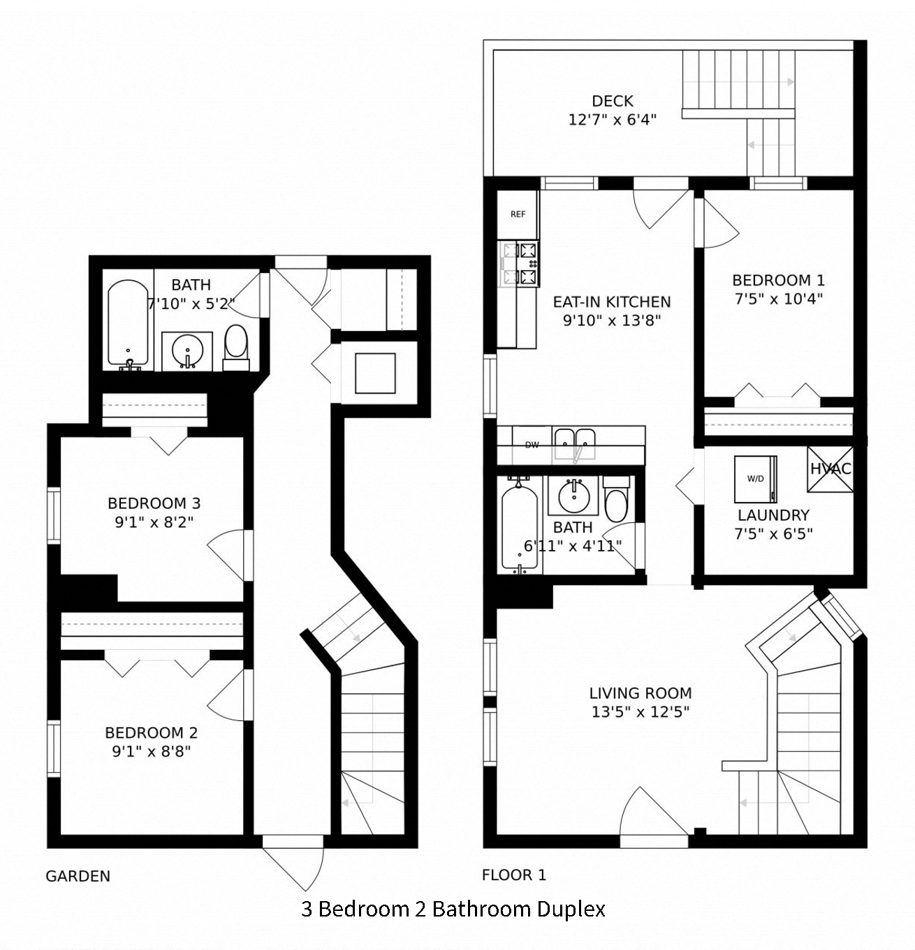 Floor plan for 3 beds, 2 baths, 1110 sqft