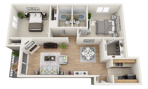 Floor plan for 2 beds, 2 baths, 1043 sqft