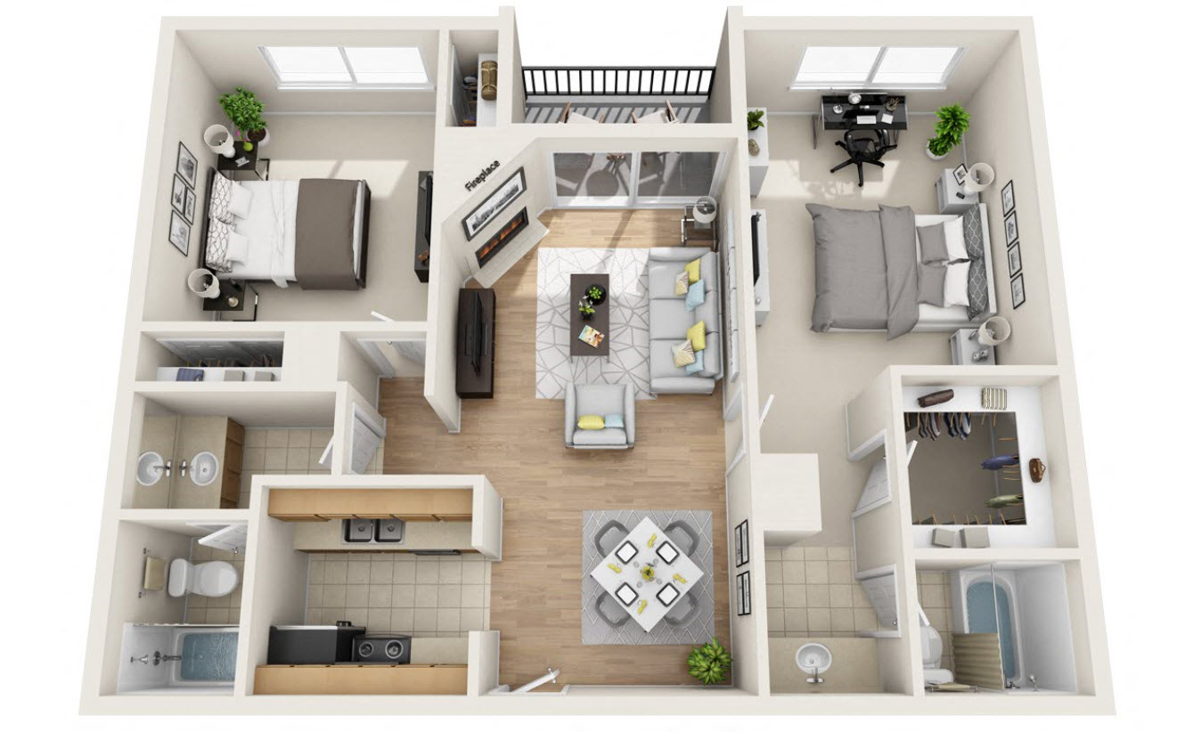 Floor plan for 2 beds, 2 baths, 995 sqft