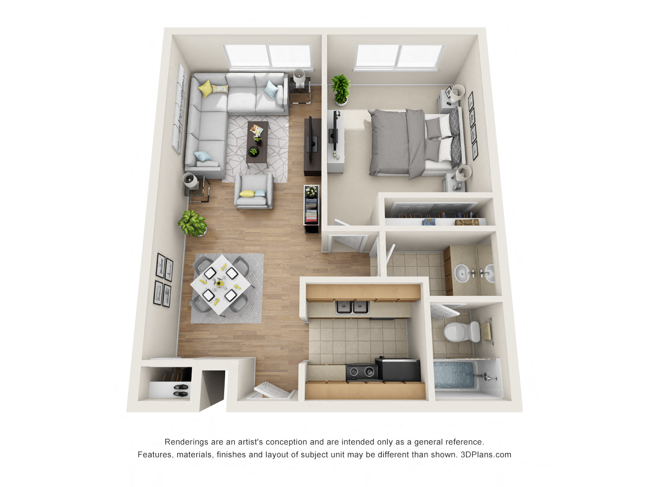 Floor plan for 1 bed, 1 bath, 627 sqft