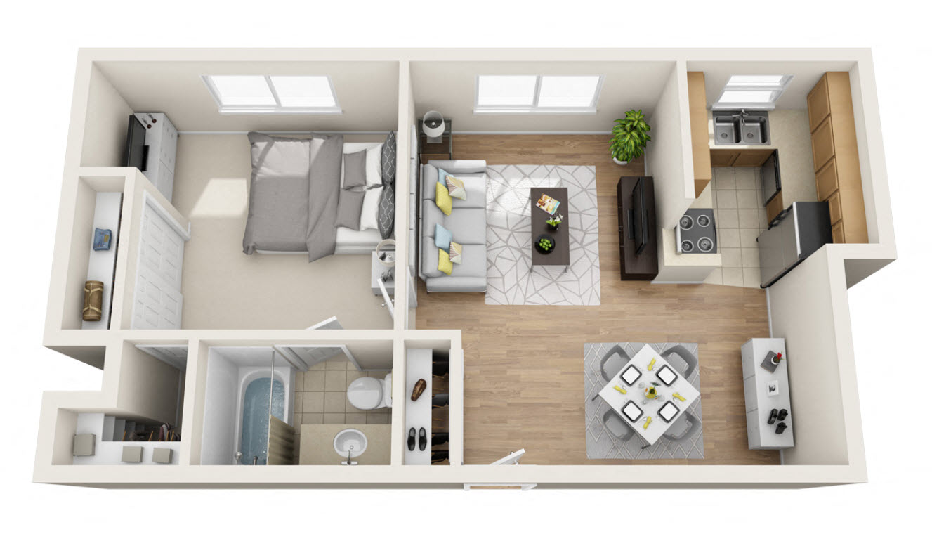 Floor plan for 1 bed, 1 bath, 800 sqft