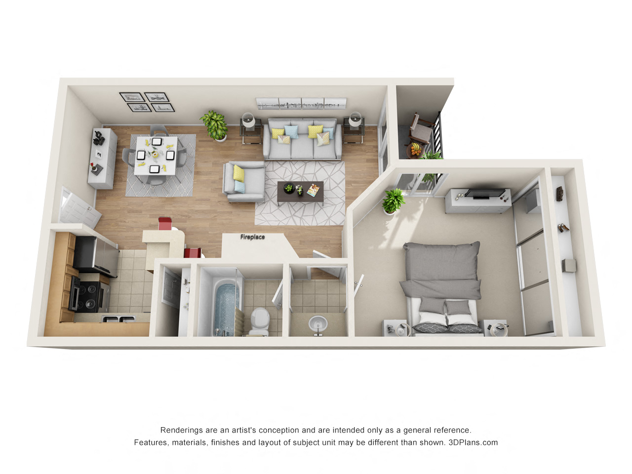 Floor plan for 1 bed, 1 bath, 742 sqft