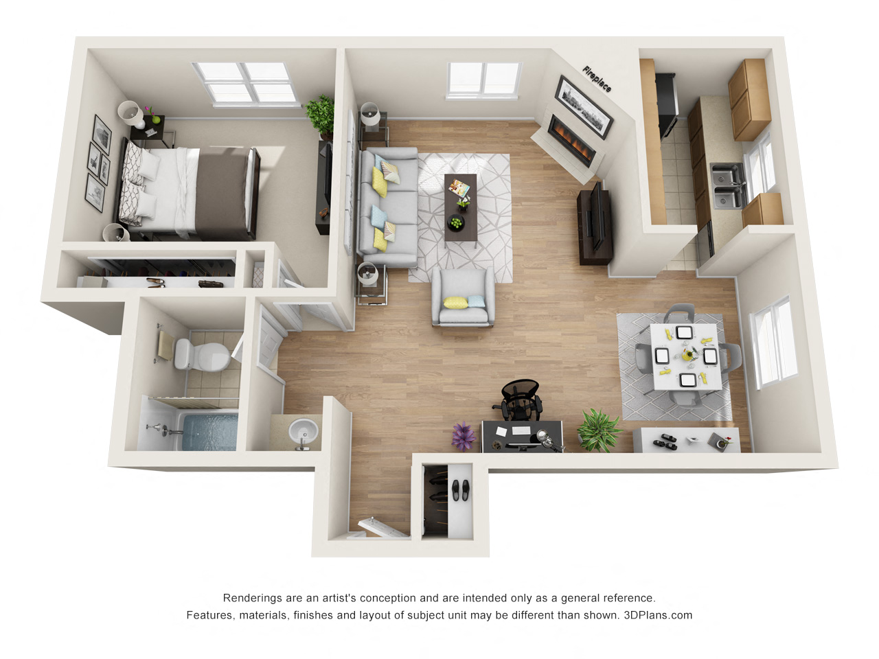 Floor plan for 1 bed, 1 bath, 787 sqft