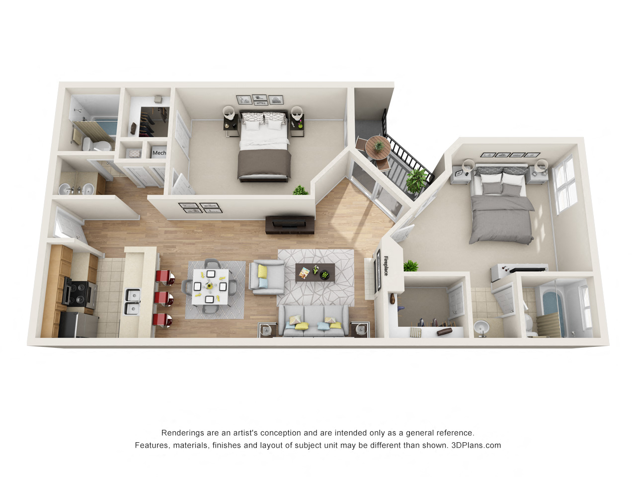Floor plan for 2 beds, 2 baths, 999 sqft