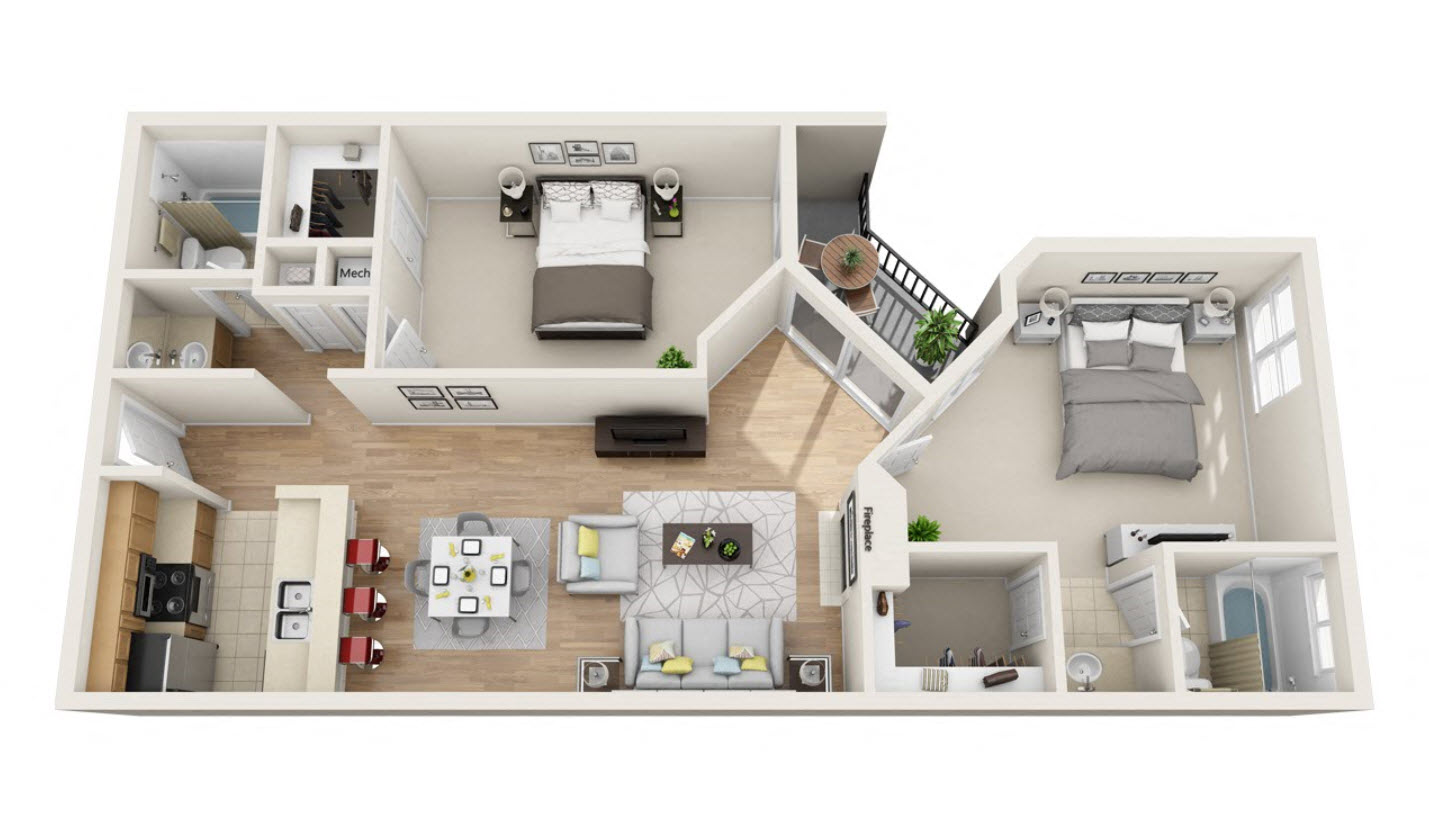 Floor plan for 2 beds, 2 baths, 1012 sqft