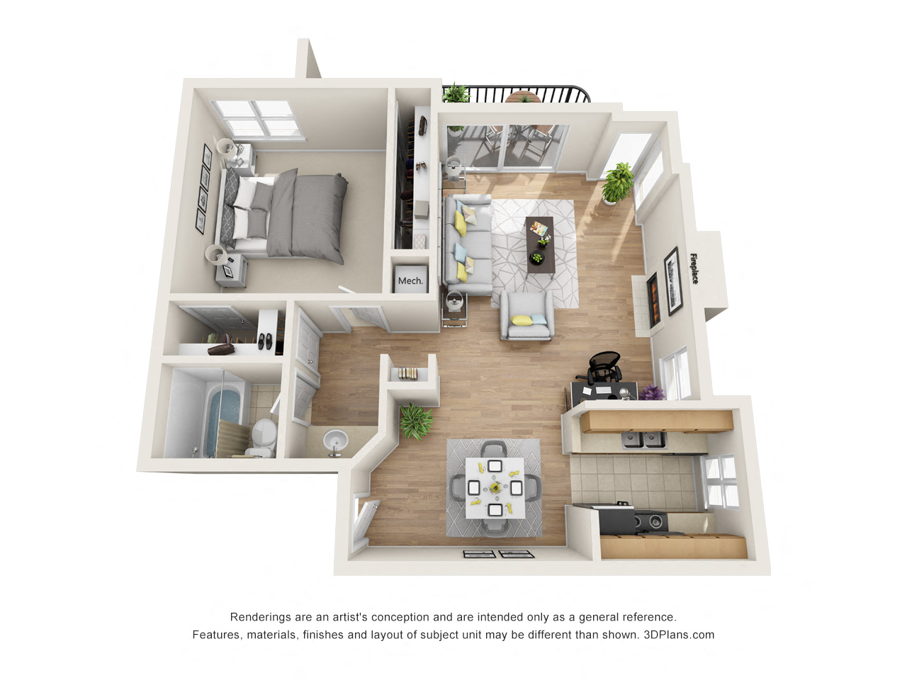 Floor plan for 1 bed, 1 bath, 787 sqft