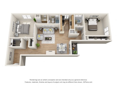 Floor plan for 2 beds, 2 baths, 1067 sqft