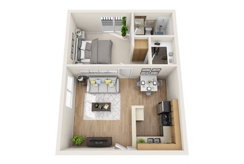 Floor plan for 1 bed, 1 bath, 520 sqft