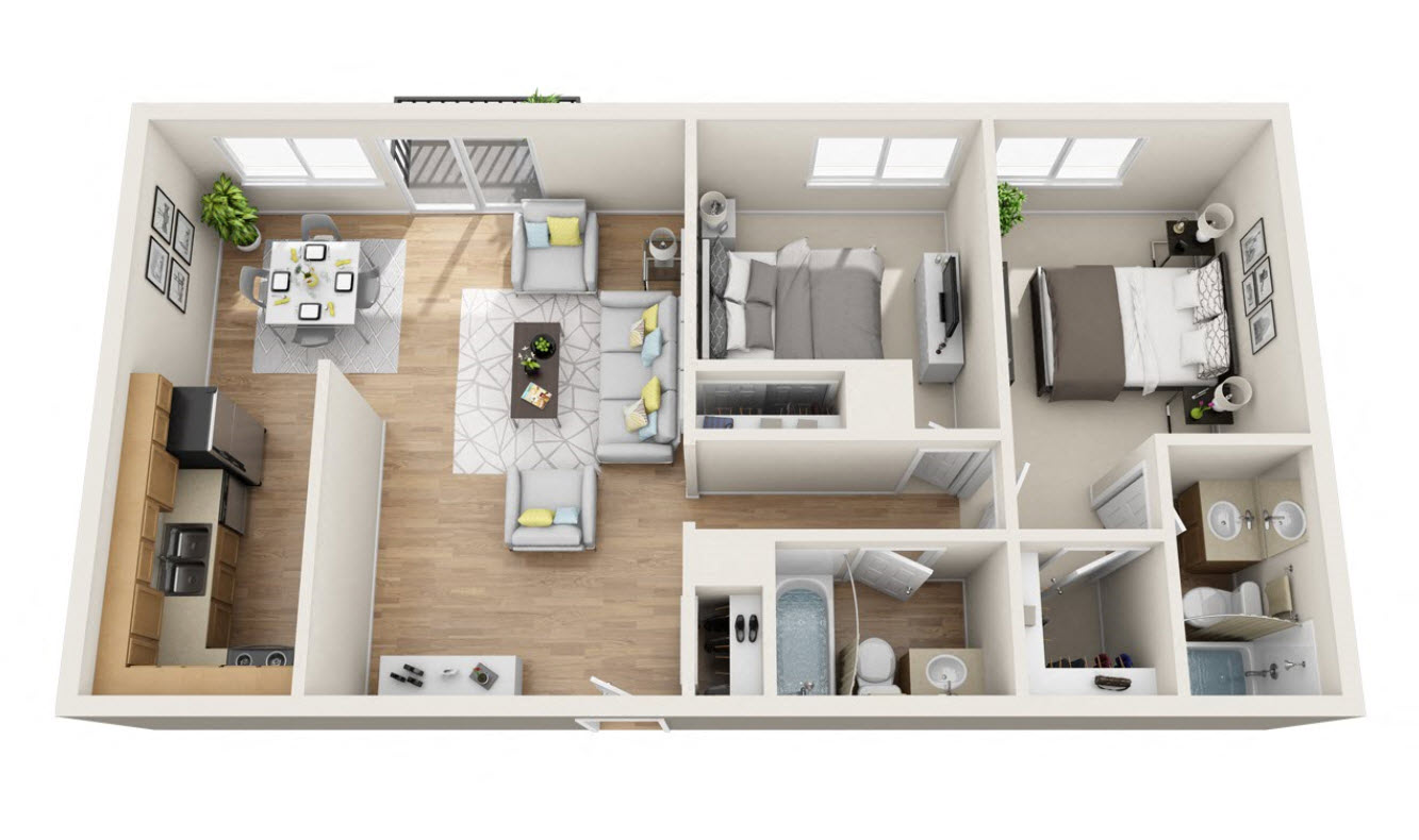 Floor plan for 2 beds, 2 baths, 800 sqft