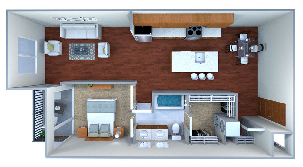 Floor plan for 1 bed, 1 bath, 915 sqft