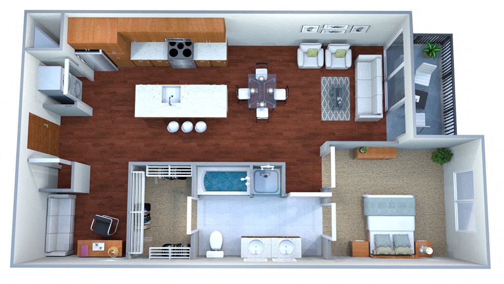 Floor plan for 1 bed, 1 bath, 991 sqft