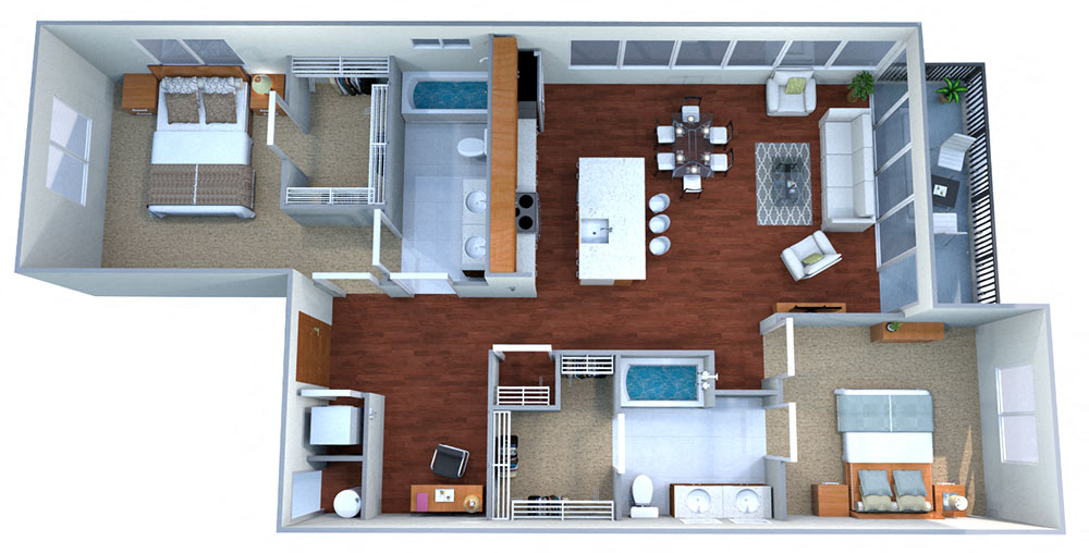 Floor plan for 2 beds, 2 baths, 1310 sqft