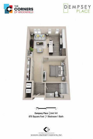 Floor plan for 1 bed, 1 bath, 670 sqft