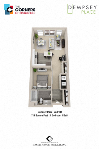 Floor plan for 1 bed, 1 bath, 711 sqft
