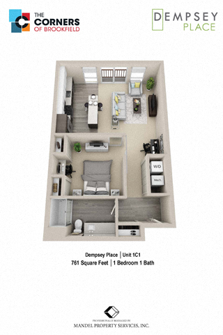 Floor plan for 1 bed, 1 bath, 761 sqft