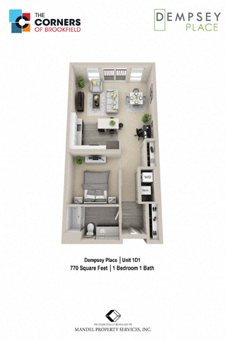Floor plan for 1 bed, 1 bath, 770 sqft