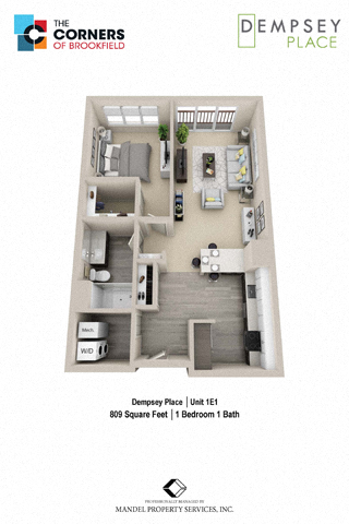 Floor plan for 1 bed, 1 bath, 809 sqft