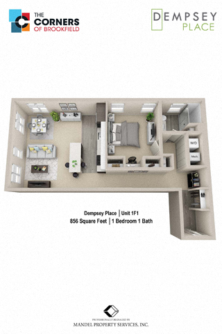 Floor plan for 1 bed, 1 bath, 856 sqft