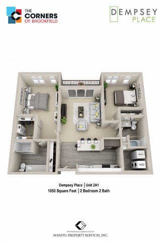 Floor plan for 2 beds, 2 baths, 1053 sqft
