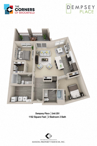 Floor plan for 2 beds, 2 baths, 1182 sqft