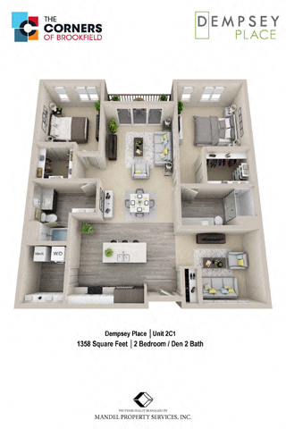 Floor plan for 2 beds, 2 baths, 1358 sqft