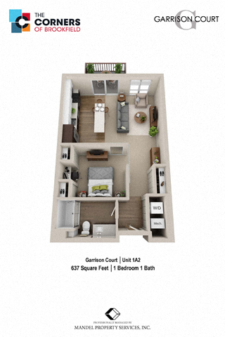 Floor plan for 1 bed, 1 bath, 637 sqft