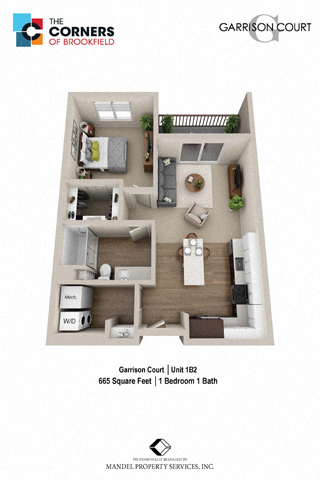 Floor plan for 1 bed, 1 bath, 665 sqft