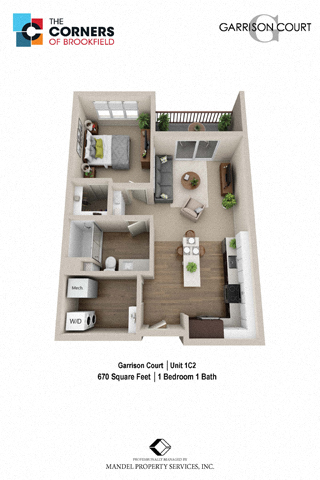 Floor plan for 1 bed, 1 bath, 670 sqft