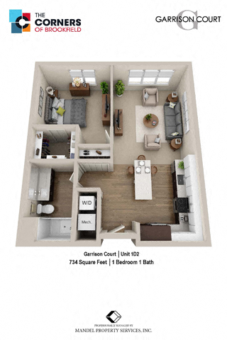 Floor plan for 1 bed, 1 bath, 734 sqft