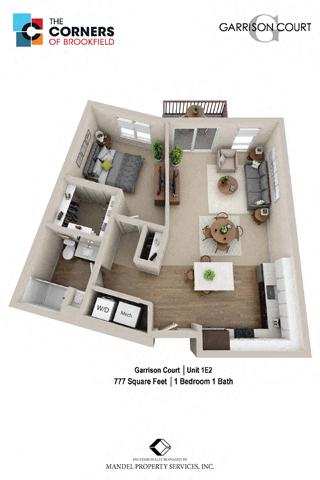 Floor plan for 1 bed, 1 bath, 777 sqft