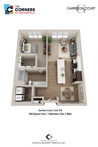 Floor plan for 1 bed, 1 bath, 822 sqft