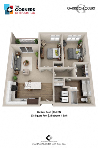 Floor plan for 2 beds, 1 bath, 978 sqft