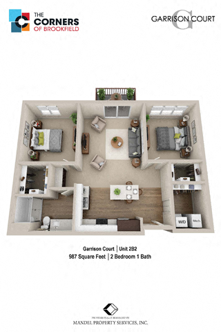 Floor plan for 2 beds, 1 bath, 987 sqft