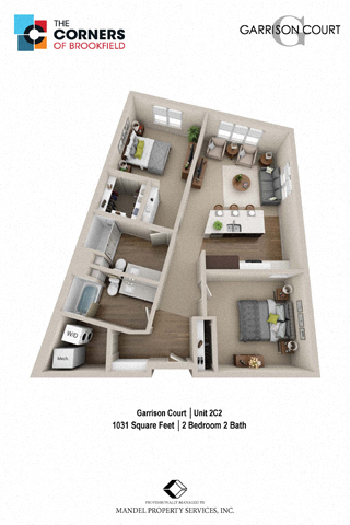 Floor plan for 2 beds, 2 baths, 1031 sqft