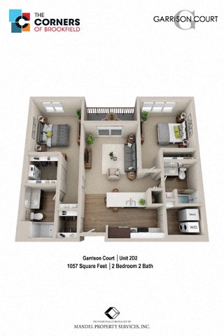 Floor plan for 2 beds, 2 baths, 1057 sqft