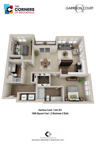 Floor plan for 2 beds, 2 baths, 1066 sqft