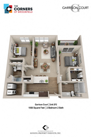 Floor plan for 2 beds, 2 baths, 1068 sqft