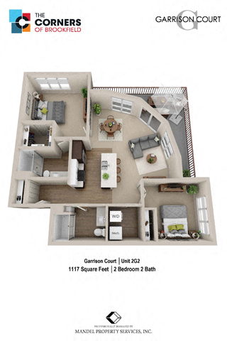 Floor plan for 2 beds, 2 baths, 1117 sqft