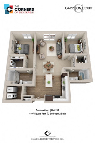 Floor plan for 2 beds, 2 baths, 1107 sqft