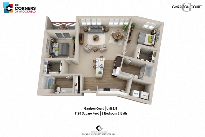 Floor plan for 2 beds, 2 baths, 1190 sqft
