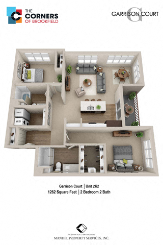 Floor plan for 2 beds, 2 baths, 1262 sqft