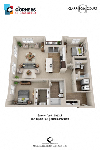 Floor plan for 2 beds, 2 baths, 1391 sqft