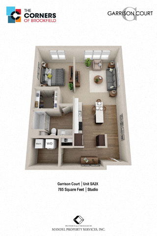 Floor plan for studio, 1 bath, 785 sqft