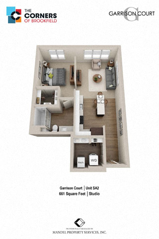 Floor plan for studio, 1 bath, 661 sqft