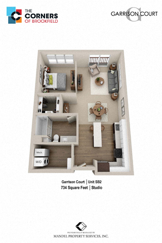 Floor plan for studio, 1 bath, 734 sqft